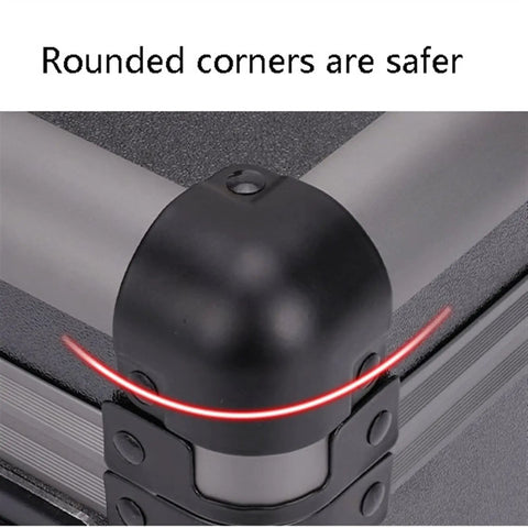 Close-up of rounded corner design on Portable Aluminum Tool Box Organizer Chest With Dual Password Lock Beefed Up Heavy Duty Metal Tool Storage.