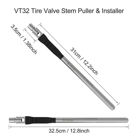 Valve Stem Puller And Installer With Rubber Boot Durable Steel Tire Tool with dimensions and pivoting offset head.