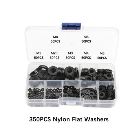 Nylon Flat Washer Set 350/500 Pcs Black Insulation Washers M2 To M8 With Seals, Spacers, Gasket Ring Kit For DIY Plumbing, Pro Grade Auto Repairs, Hoses, And General Hardware Projects. 350pcs nylon flat washers in case, sizes M2-M8