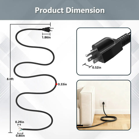 Heavy Duty 8 Foot 16 Gauge 3 Wire Power Tool Cord 3 Prong Replacement Cable For Drills Saws Vacuums Motors And Appliances SJT VW 1 Rated 105 C 13 Amp 1500 Watt Great For Home Projects layout and dimensions