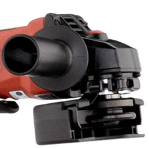 Close-up of 7 Amp 4.5 Inch Angle Grinder with Dead Man Switch Slim Red Powerhouse for Metal Cutting and Grinding detail view
