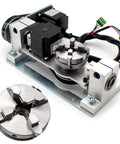 Slick Heavy Duty CNC 5th Axis Rotary Attachment With 4 Jaw Chuck For DIY Router And Engraving Machine Built Tough For Knockout Precision and Smooth Operation, showcasing the motor and chuck.