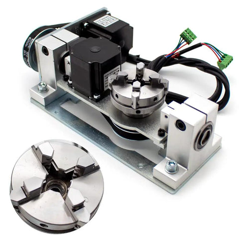 Slick Heavy Duty CNC 5th Axis Rotary Attachment With 4 Jaw Chuck For DIY Router And Engraving Machine Built Tough For Knockout Precision and Smooth Operation, showcasing the motor and chuck.