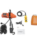 Beefy Electric Chain Hoist Winch With Wireless Remote G80 Steel Chain system parts layout, including motor, chain, remote, and manual.