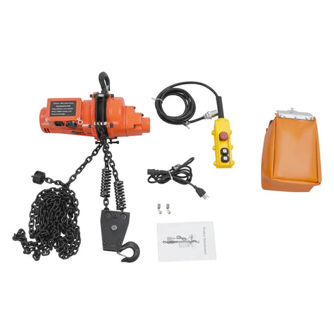 Beefy Electric Chain Hoist Winch With Wireless Remote G80 Steel Chain system parts layout, including motor, chain, remote, and manual.