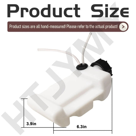 Product size chart with dimensions for Gas Tank Assembly Replacement Fuel Tank For 25cc Jet Fan Blower, built tough durable plastic.