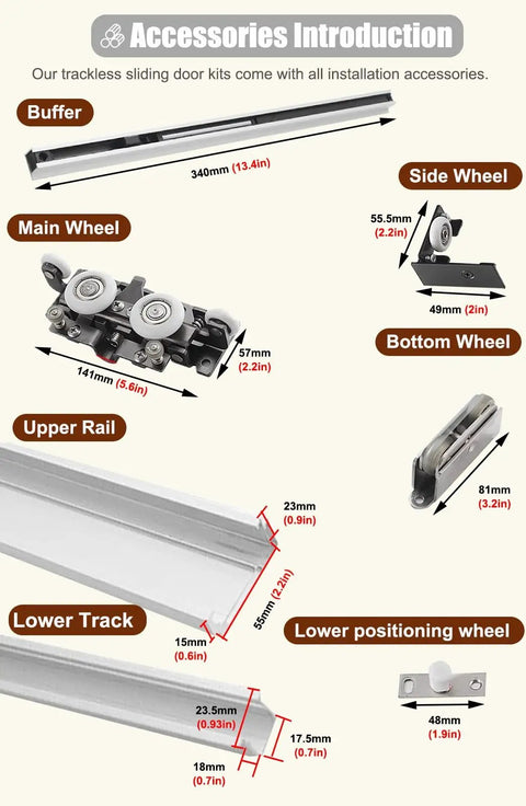 Trackless Barn Door Hardware Kit With Silent Rollers includes buffer, main wheel, upper rail, lower track, and wheels for easy installation.