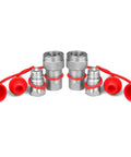 Front view of 1/2-inch hydraulic quick-connect couplers with red dust caps and hoses, ISO 5675 body.