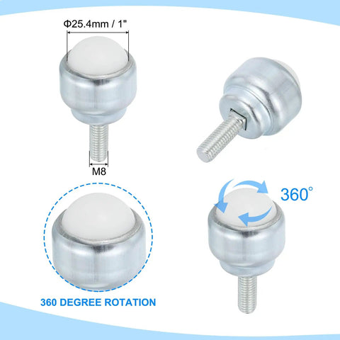 Pack Of Four 1 Inch Nylon Roller Ball Transfer Bearings With Durable Carbon Steel Caster Wheels For Smooth Conveyor Transport And Lightweight Furniture Mobility Easy Installation, showing 360 degree rotation.