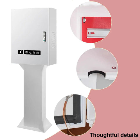 Beat The Elements Lockable Weatherproof Enclosure For Floor Standing Outdoor Electric Vehicle Charging Station Housing with detailed views of the design features.