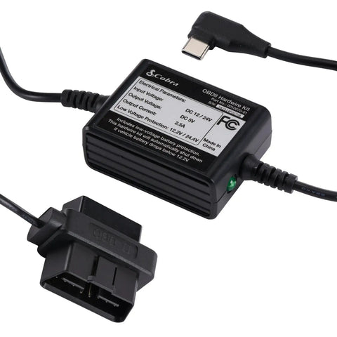 DIY Dash Cam Hardwire Kit OBDII To USB C And Micro USB Adapter With A 15 Foot Cable Powers SC Series Dash Cams close-up view