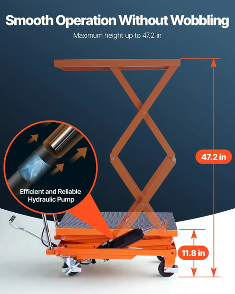 Heavy Duty Hydraulic Lift Table Boasting 500 Lb Capacity And 47 Inch Lifting Height Double Scissor Cart showing dimensions and hydraulic pump.