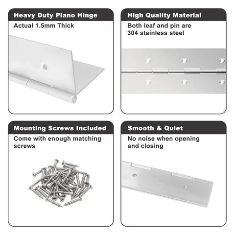 Close-up of 2 Pack 48 Inch 3 Wide Stainless Steel Piano Hinge Heavy Duty Continuous Hinge Built Tough Rock Solid showing stainless steel and mounting screws.