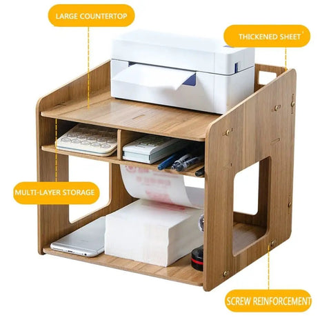Heavy Duty Wooden Printer Stand For Desktop Slick Two Tier Workspace Organizer With Paper File Storage Eco Friendly Desk Riser overview.