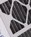 Close-up of Two Pack 20X25X5 MERV 12 Plus Carbon Air Filters for HVAC with activated carbon pleated filter design.