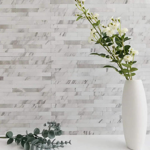 10 Sheet Peel And Stick Backsplash Tile With Faux White Marble Look In PVC Mixed Metal Finish For Kitchen And Bathroom wall display