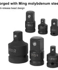 Six Piece Impact Socket Converter Reducer Set For One Half Inch, One Quarter Inch, Three Eighth Inch, And Three Quarter Inch Sizes, Pro Grade Heavy Duty Adapters For Pneumatic And Electric Tools, High Torque Auto Repair Kit, shown with a focus on their anti-release bead design and size markings.