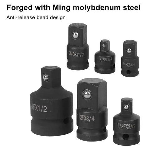 Six Piece Impact Socket Converter Reducer Set For One Half Inch, One Quarter Inch, Three Eighth Inch, And Three Quarter Inch Sizes, Pro Grade Heavy Duty Adapters For Pneumatic And Electric Tools, High Torque Auto Repair Kit, shown with a focus on their anti-release bead design and size markings.