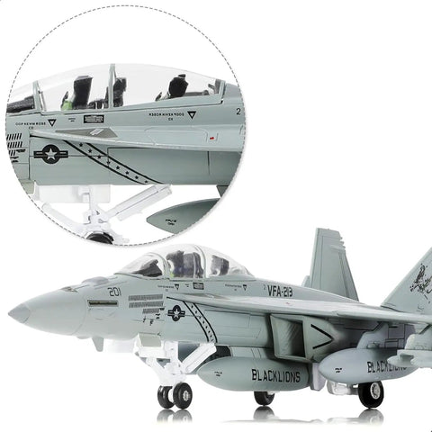 One Hundredth Scale FA18 Super Hornet Fighter Jet Model From US Navy VFA 213 Black Lions, diecast body, detailed cockpit and insignia