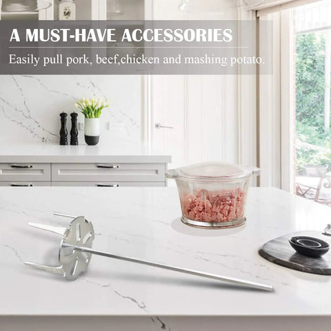 KAMaster 304 Stainless Steel Pork Puller Drill Attachment on kitchen counter, used for shredding meat quickly and efficiently.
