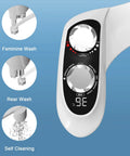 Tankless Bidet Toilet Attachment With Digital Temperature Display showing feminine wash, rear wash, and self cleaning features