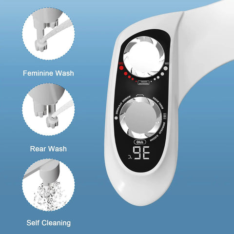 Tankless Bidet Toilet Attachment With Digital Temperature Display showing feminine wash, rear wash, and self cleaning features