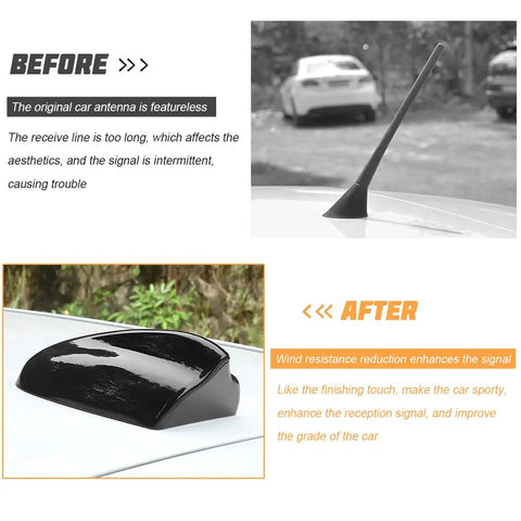 Before and after installation of Shark Fin Car Antenna Cover with Adhesive Tape Easy Install Universal Roof Mount Decorative Antenna Cap