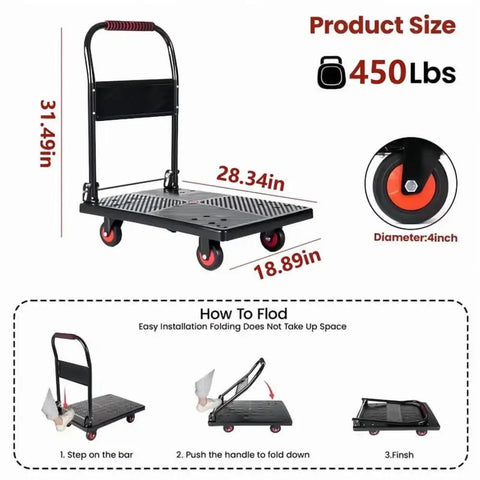 Heavy Duty Folding Platform Truck With Smooth As Butter TPR Wheels Steel Frame Hand Dolly Push Cart, 450 lbs capacity, 28.34in x 18.89in.