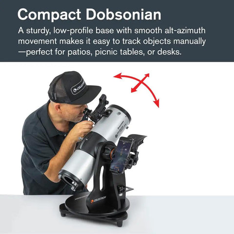 Man using StarSense Explorer 114AZ App Enabled Telescope for Beginners with Smartphone Dock, Compact Dobsonian