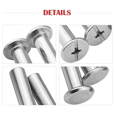 Close-up views of Heavy Duty 50 Pack M5 X 15mm Phillips Chicago Screw Posts Binding Screws Assortment Kit showing details.