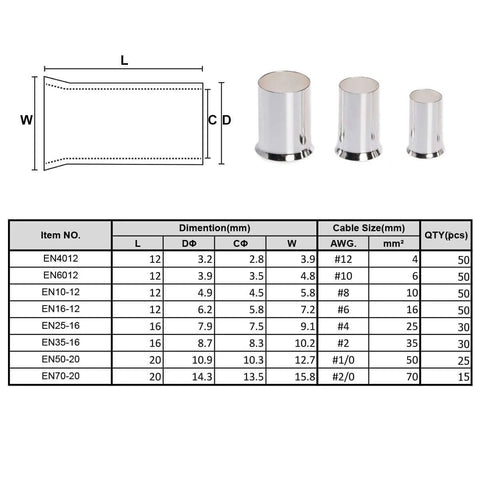 Assortment Of Wire Ferrule Connectors Kit 8 Sizes Tinned Copper Crimp Terminals with dimensions and quantities chart