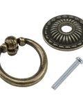 Antique Bronze Ring Drawer Pulls 4 Piece Set With Screws For Dressers Chests Vanity Cabinets Jewelry Boxes showcased with one ring, disc, and screw