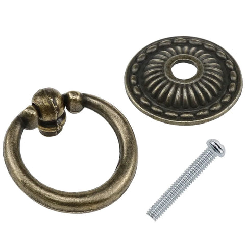 Antique Bronze Ring Drawer Pulls 4 Piece Set With Screws For Dressers Chests Vanity Cabinets Jewelry Boxes showcased with one ring, disc, and screw
