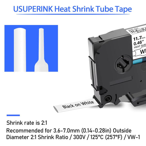 Top Shelf Hse 231 Heat Shrink Tube Label Tape For Brother Ptouch D210 D400 E300 E500 showing tape with black on white label.
