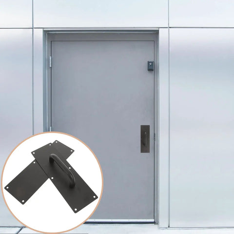 12 Inch Stainless Steel Push Pull Door Handle Set With Black Finish Including Mounting Screws Built Tough Heavy Duty Surface Mount Door Pull Plate And Push Plate Kit For Office Home Shop Warehouse Cabinets on gray metal door