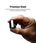 Hand holding a socket from 3/8 Inch Drive 12 Point Socket Set For Tough Jobs, Shallow And Deep Sockets, Metric 8 to 19 mm.