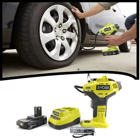18 Volt One Plus Tire Inflator Bundle With Battery And Charger And Buho Flashlight in use inflating car tire