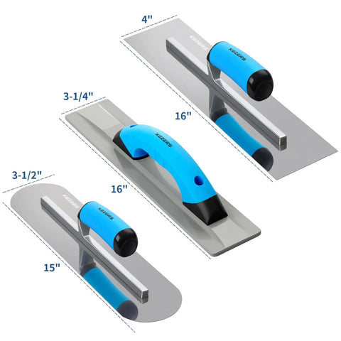 8-In-1 Concrete Finishing Tools Kit with 16-inch magnesium float and pool trowels, blue handles, for masonry projects