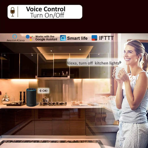 Under Cabinet Lighting Kit With Voice Control And App in modern kitchen, works with Alexa and Google Assistant, dimmable and linkable.
