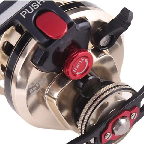 Close-up of ultralight saltwater and freshwater spinning reel with corrosion resistant bearings, beefy metal body, and smooth winding.