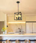 Four Light Black Farmhouse Chandelier With Iron Lantern Pendant Light Rustic Cage And Totally Adjustable Height over kitchen island.