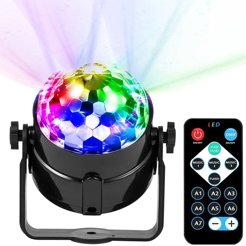 Sound Activated DJ Light With Colorful LED Strobe Beams and remote, ideal for indoor rooms and outdoor stages, USB-powered disco light.