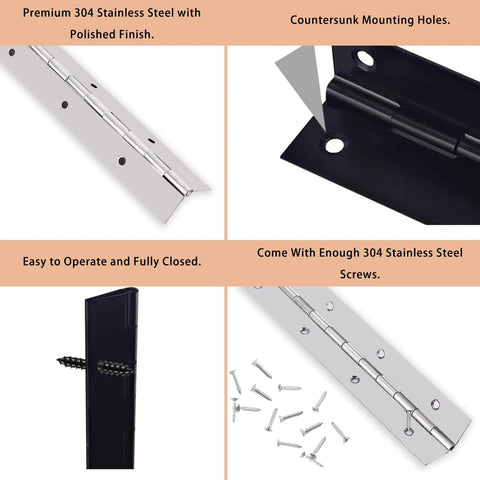 48 Inch 304 Stainless Steel Piano Hinge With Holes Heavy Duty Continuous Hinge 0.04 Inch Leaf Thickness Includes Screws