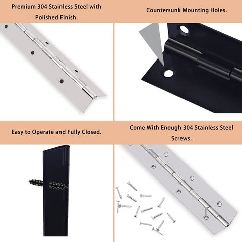 36 Inch Stainless Steel Piano Hinge Continuous Heavy Duty Built To Last With 0.039 Inch Leaf Thickness, 1 Inch Open Width And Screws Included For Cabinets Doors Chests And Tool Boxes, shown with screws and mounting holes close-up.