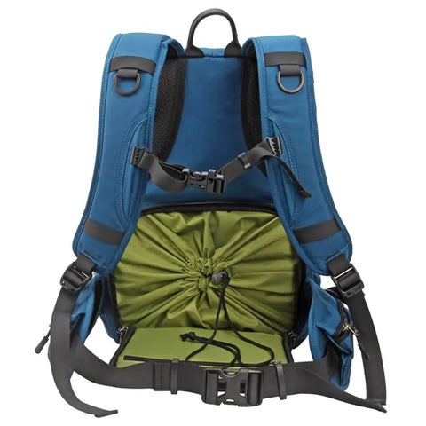 Back view of Waterproof DSLR Camera Backpack With Rain Cover Padded Compartments, blue with green interior and straps.