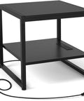 Black end table with charging station, 2 AC outlets, 3 USB ports, 59-inch power cord on bottom shelf, 20 inch wide, heavy duty for living room setup.