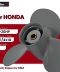 Beefy Aluminum Boat Propeller Nine And A Quarter By Ten Inch And Nine And A Quarter By Eight Inch For Honda Outboard Motors 9.9 15 20HP Eight Tooth Right Hand Rotation OEM 58130 ZV4 010AH close-up view of blade and hub