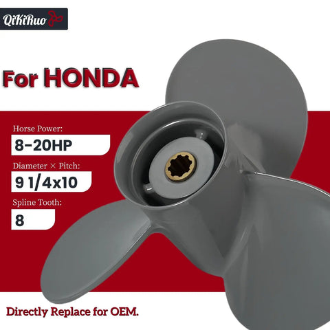 Beefy Aluminum Boat Propeller Nine And A Quarter By Ten Inch And Nine And A Quarter By Eight Inch For Honda Outboard Motors 9.9 15 20HP Eight Tooth Right Hand Rotation OEM 58130 ZV4 010AH close-up view of blade and hub