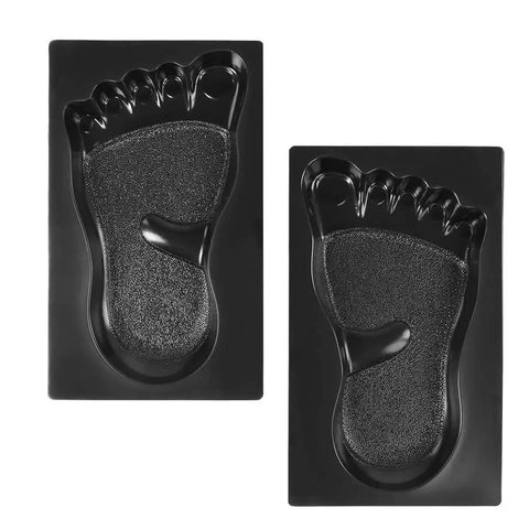 Footprint Stone Mold For Concrete Path Paving Reusable ABS Plastic DIY Stepping Stone Mold For Outdoor Garden Yard Patio Walkway Create Pro Grade Durable Weatherproof Garden Paths And Walkways showing left and right footprint pieces, black ABS plastic material