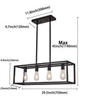 Black Four Light Kitchen Island Pendant Chandelier Fixture dimensions and design illustration.